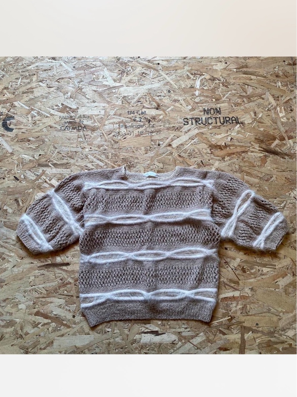 Soft Taupe and White Knit Women's Wool Sweater